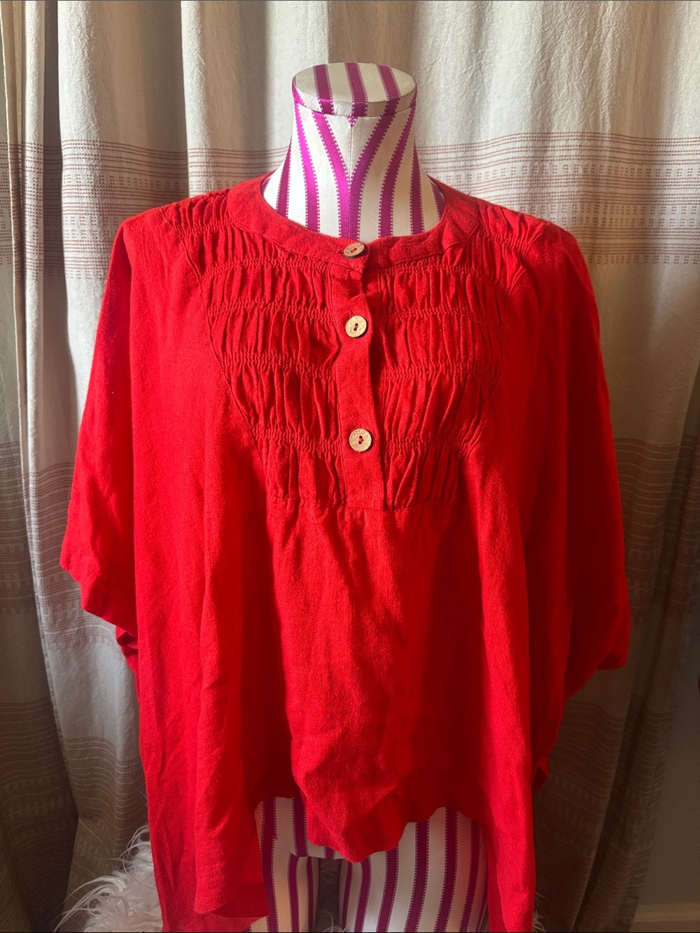 Bright Red Smocked Button-Front Women's Tunic Top